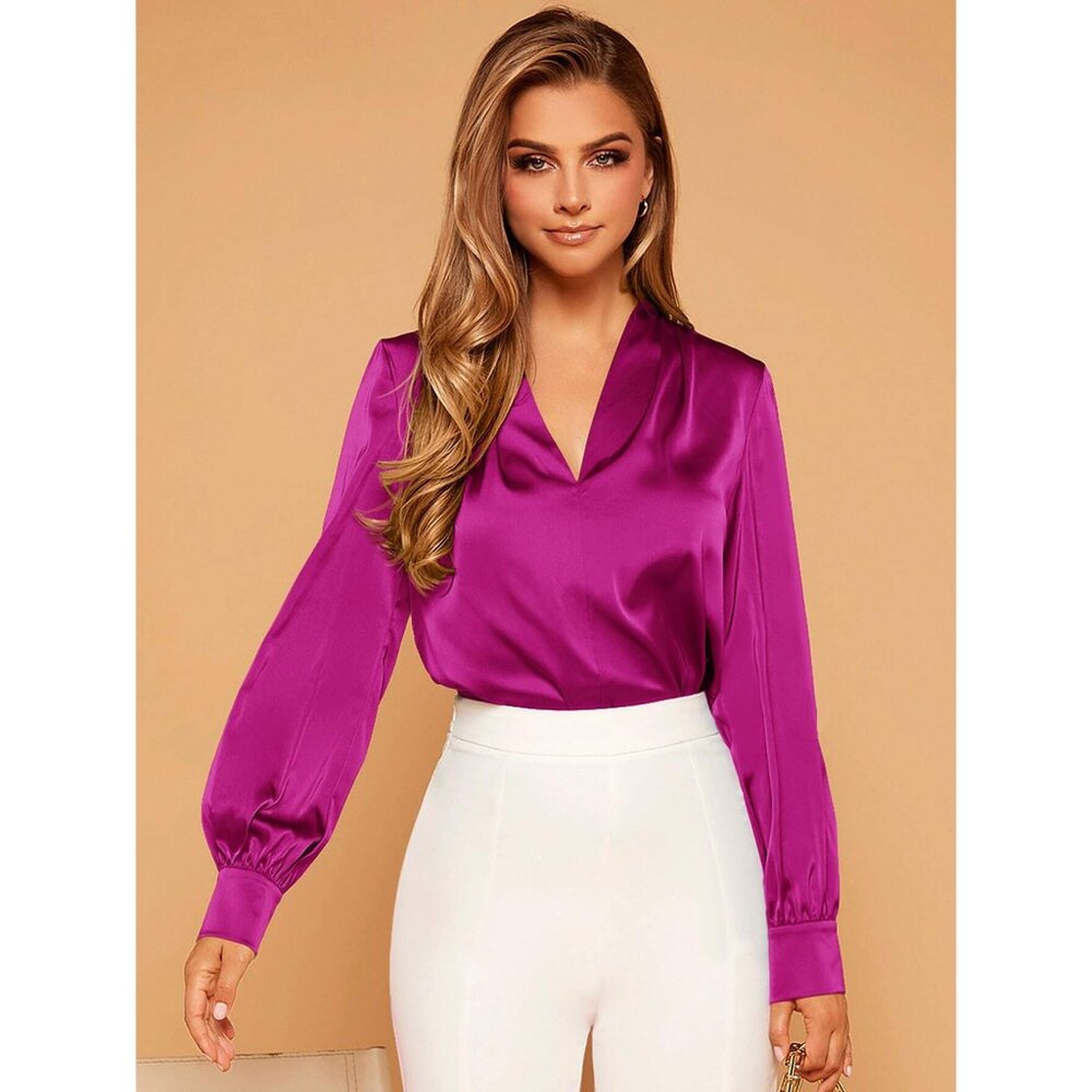 hot pink Satin Blouse Long Sleeve Minimalist Business Casual